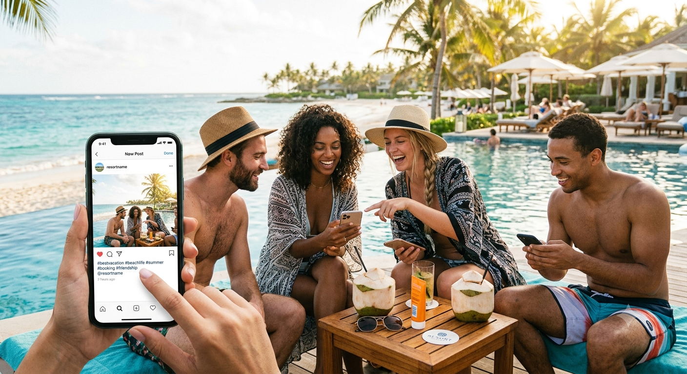 Guests at a resort pool sharing a post from their stay on their phones